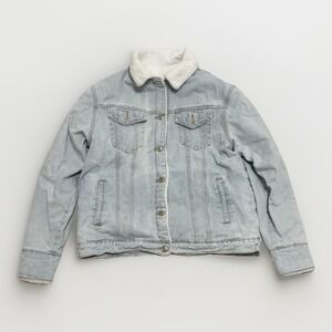 Sherpa Fleece Lined Light‎ Blue Denim Trucker Jean Jacket Large Women's SHEIN